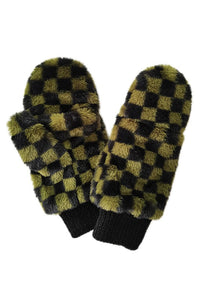 Checkered Faux Fur Mittens