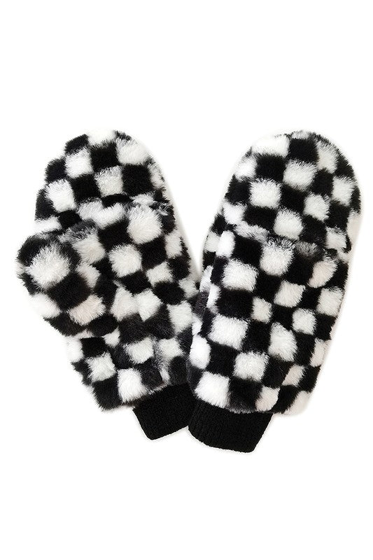 Checkered Faux Fur Mittens