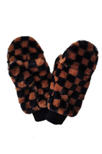 Checkered Faux Fur Mittens